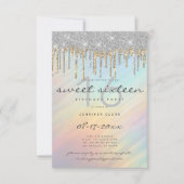 Gold Silver Glitzer Tropfen Holographic Sweet 16 Einladung (Vorderseite)