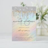 Gold Silver Glitzer Tropfen Holographic Sweet 16 Einladung (Stehend Vorderseite)