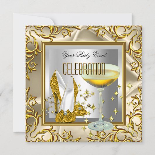 Gold Silver High Heel Shoes Champagner Einladung (Vorderseite)