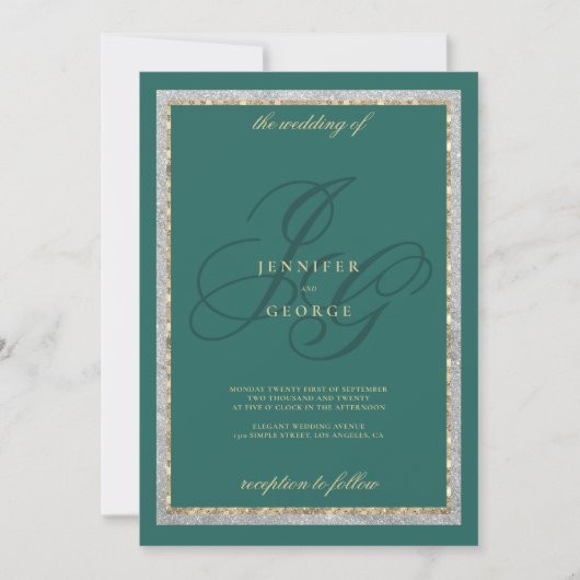 Gold silver jade green monogram initals wedding einladung (Vorderseite)