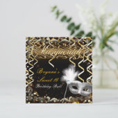 Gold & Silver Masquerade Maske Geburtstagsparty Einladung (Stehend Vorderseite)