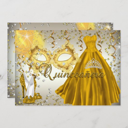 Gold Silver Masquerade Quinceanera Einladung (Vorne/Hinten)