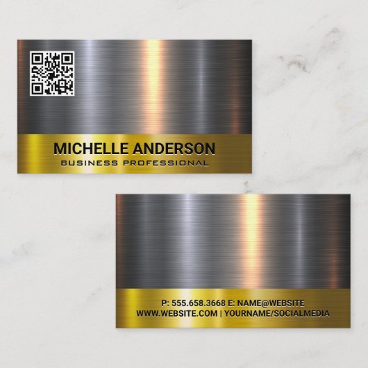 Gold Silver Metallic Shine Trim QR Code Visitenkarte (Vorne/Hinten)
