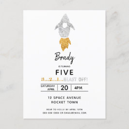 Gold Silver Rocket Ship WeltraumGeburtstagsparty Einladungspostkarte