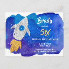 Gold Silver Rocket Ship WeltraumGeburtstagsparty Einladungspostkarte