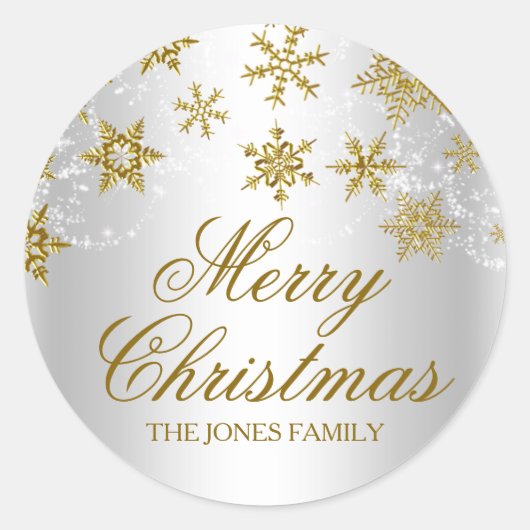 Gold & Silver Snowflake Weihnachtsaufkleber Runder Aufkleber (Vorderseite)