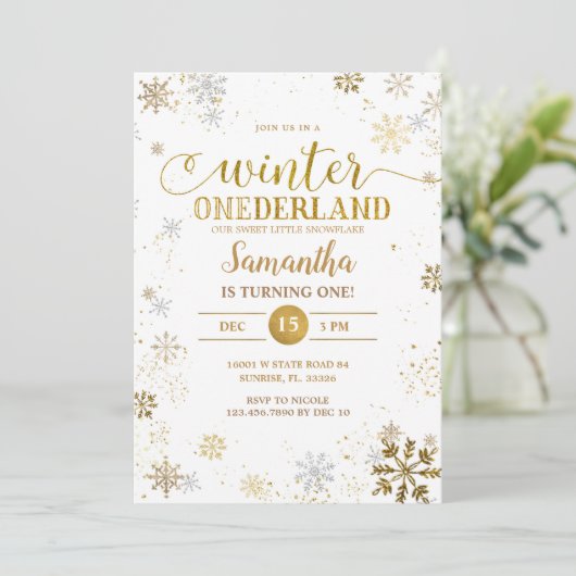 Gold Silver Snowflakes Einladung (Stehend Vorderseite)