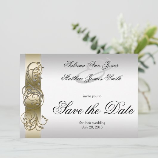 Gold Silver Verziert formell Save the Date (Stehend Vorderseite)