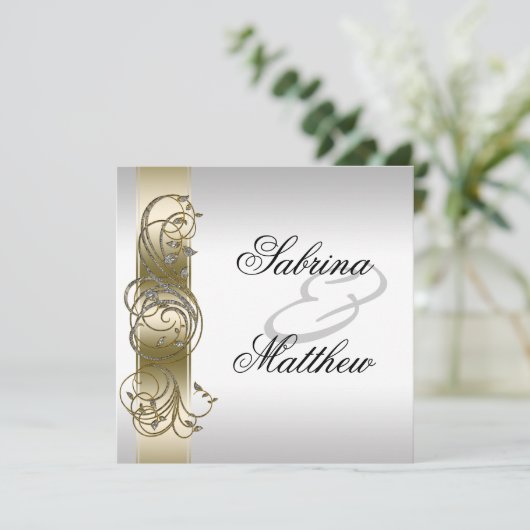 Gold Silver Verzierte feierliche Hochzeit Einladung (Stehend Vorderseite)