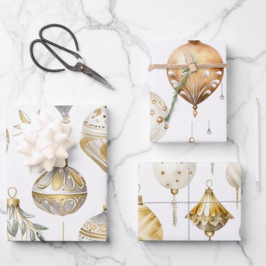 Gold Silver Vintage Weihnachtsschmuck Geschenkpapier Set (Vorderseite)