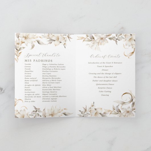 Gold Silver White Floral Folded Quinceañera Programm (Innenseite)