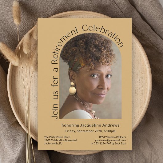Gold Simple Foto Arch Retirement Party Einladung