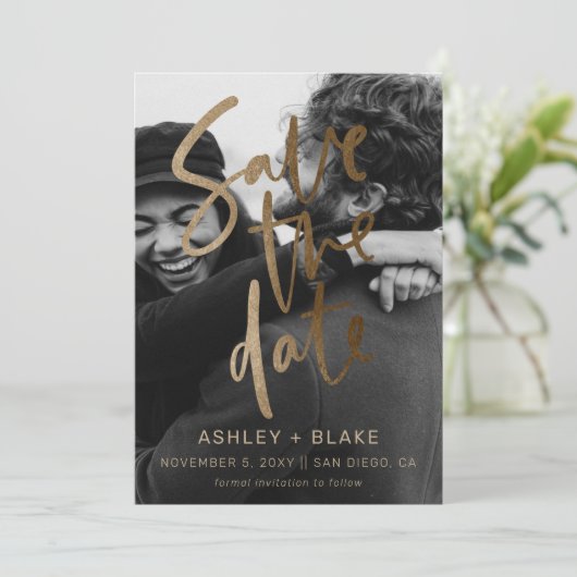 Gold Simple Handwriting Calligraphy Foto Save The Date (Stehend Vorderseite)