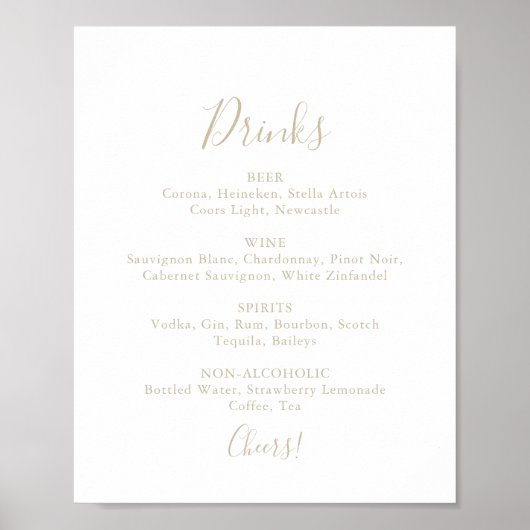 Gold Simple Minimalistisch Wedding Drinks Menu Sig Poster (Vorne)