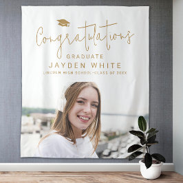 Gold Simple Modern Script Foto Graduation Party Wandteppich