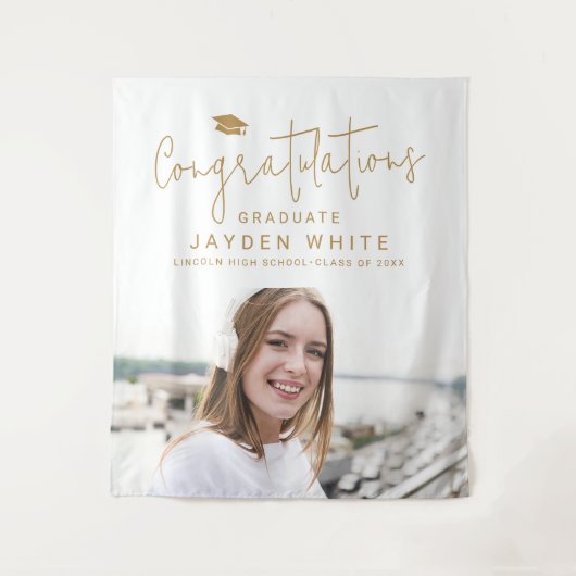 Gold Simple Modern Script Foto Graduation Party Wandteppich (Vorderseite)