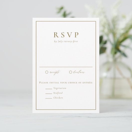 Gold Simple Typografy Formal Wedding RSVP Karte (Stehend Vorderseite)