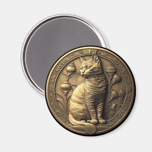 Gold Sitting Cat Medallion Magnet (Vorderseite/Rückseite)