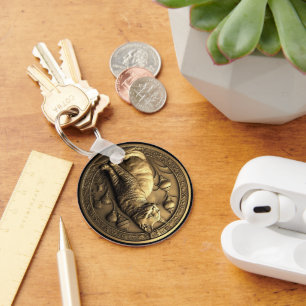 Gold Sitting Cat Medallion Schlüsselanhänger