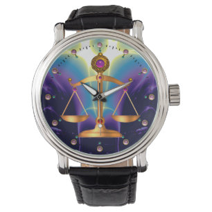 GOLD-SKALEN MIT GEM STONES, Justiz-Symbol Armbanduhr