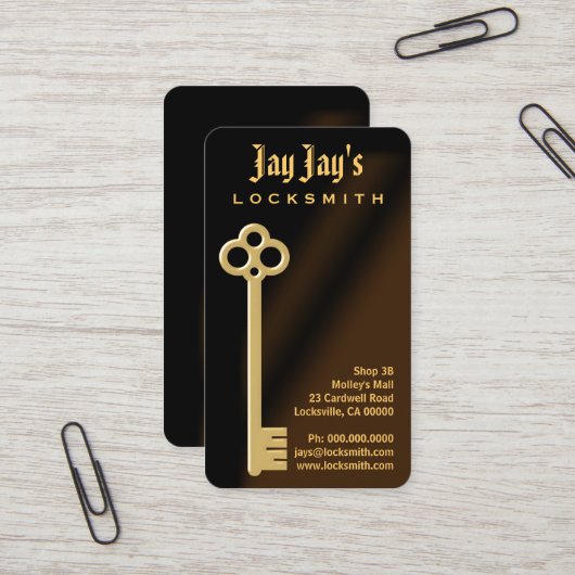 Gold Skeleton Key Vertical Locksmith Business Card Visitenkarte (Vorderseite/Rückseite Beispiel)