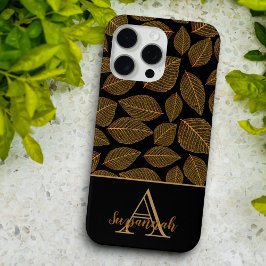 Gold Skeletton-Blätter auf Schwarz-Zoll-Monogramm Case-Mate iPhone Hülle
