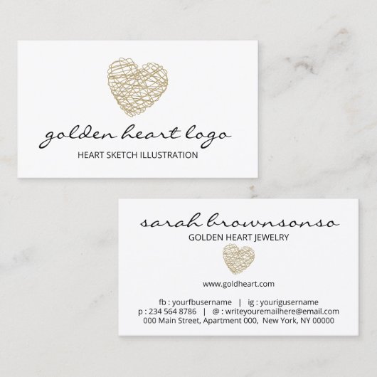 Gold Sketch Heart Juwelen Visitenkarte (Vorne/Hinten)