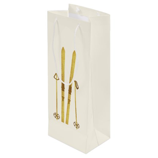 Gold Skis & Poles | Retro Ski Illustration Urlaub Geschenktüte Für Weinflaschen (Rückseite Schrägansicht)