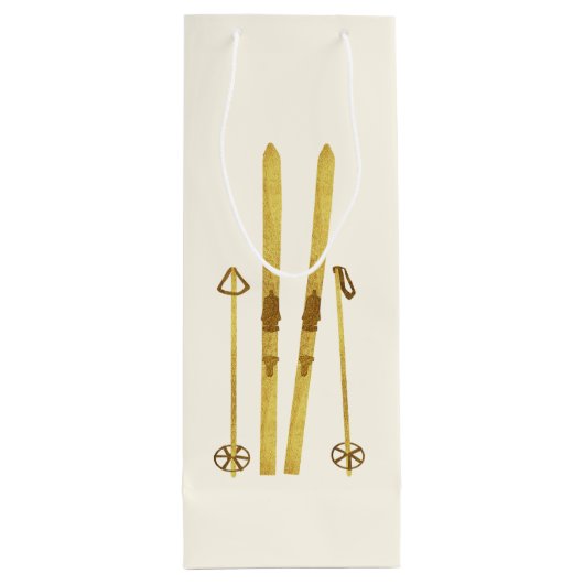 Gold Skis & Poles | Retro Ski Illustration Urlaub Geschenktüte Für Weinflaschen (Rückseite)