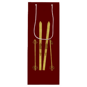 Gold Skis & Poles   Retro Ski Illustration Urlaub Geschenktüte Für Weinflaschen