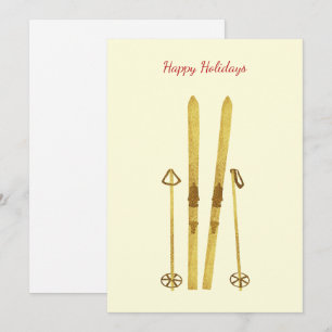 Gold Skistöcke   Vintage Skier-Illustration Creme Feiertagskarte