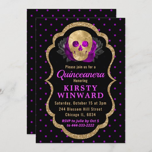 Gold Skull Floral Polka Dot Halloween Quinceanera Einladung (Vorne/Hinten)
