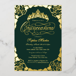Gold Smaragd Elegantes Skript Quinceanera Geburtst Folieneinladung