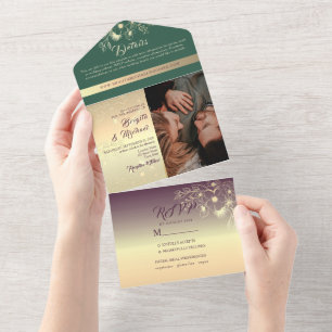 Gold Smaragdgrün und Lila Fotos Hochzeit All In One Einladung