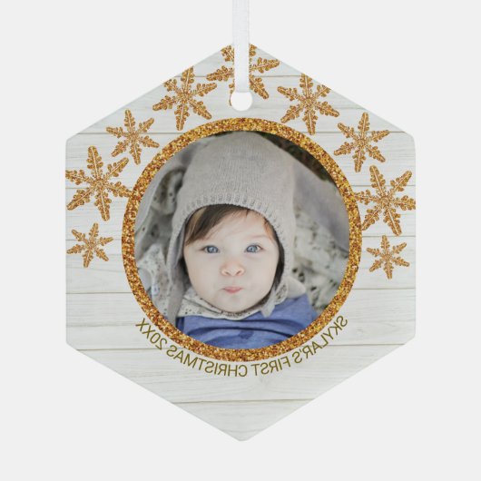 Gold Snowflake Chic Round Foto Weihnachten Ornament Aus Glas (Rückseite)