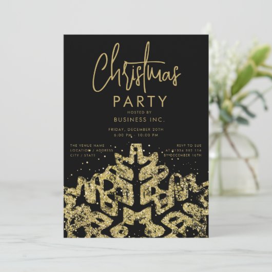 Gold Snowflake Corporate Christmas Party Black Einladung (Stehend Vorderseite)