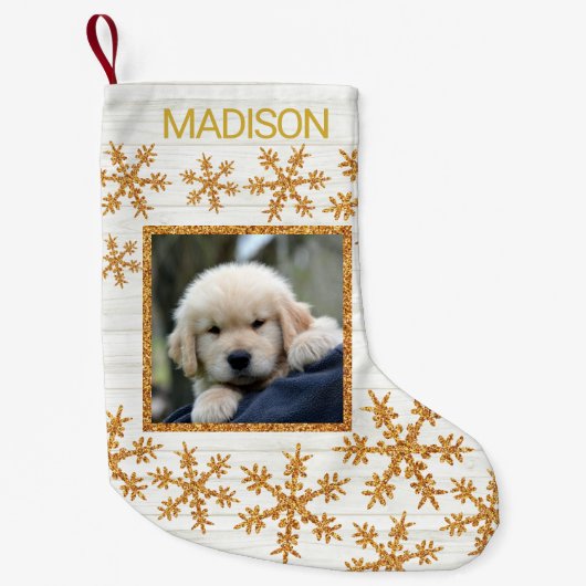 Gold Snowflake Fun Kinder oder Haustiere Foto Kleiner Weihnachtsstrumpf (Vorderseite)