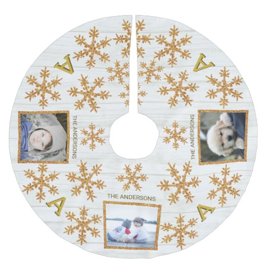 Gold Snowflake Monogram Rustikal 3 Foto Polyester Weihnachtsbaumdecke (Vorderseite)