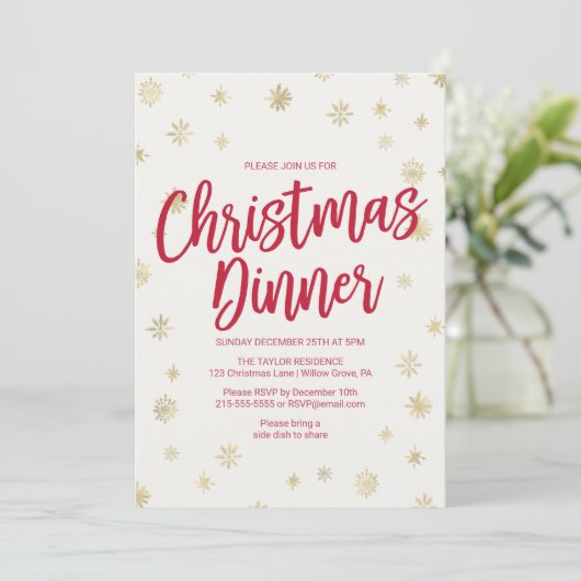 Gold Snowflake Weihnachtsessen Einladung (Stehend Vorderseite)