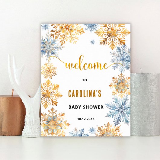 Gold Snowflakes Baby Dusche Begrüßungszeichen Poster