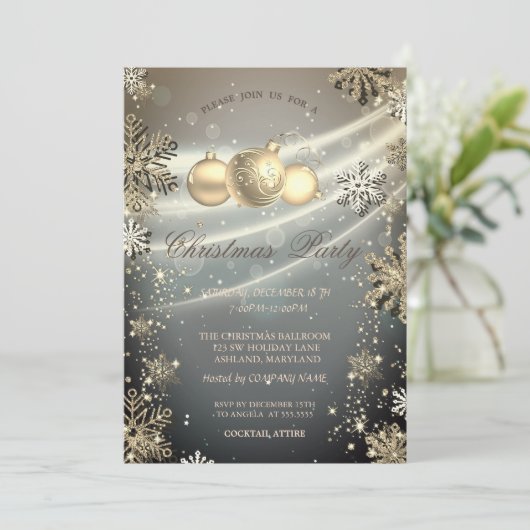 Gold Snowflakes Balls Shiny Company Party I Einladung (Stehend Vorderseite)
