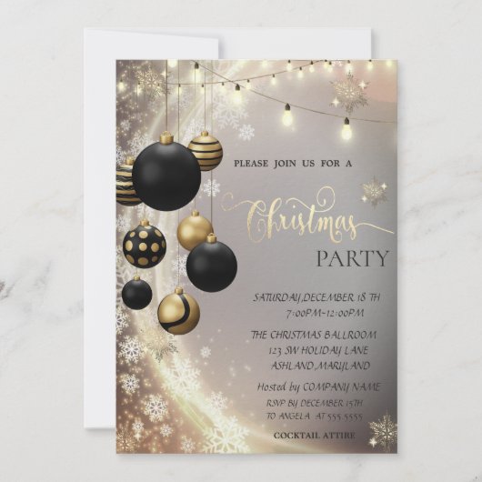 Gold Snowflakes,Black Balls,Lights Christmas  Einladung (Vorderseite)