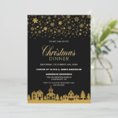 Gold Snowflakes Black Christmas Dinner Einladung (Stehend Vorderseite)