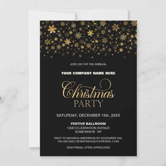 Gold Snowflakes Black Corporate Weihnachts-Party Einladung (Vorderseite)