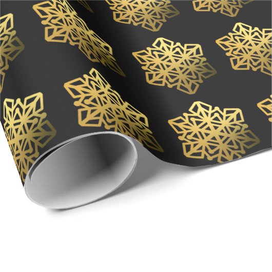 Gold Snowflakes Black Wrapping Paper Geschenkpapier (Rolleneckpunkt)