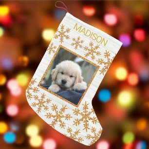 Gold Snowflakes Foto für Kinder oder Haustiere Kleiner Weihnachtsstrumpf