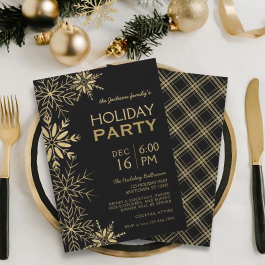 Gold Snowflakes Gold Plaid & Black Holiday Glam Einladung