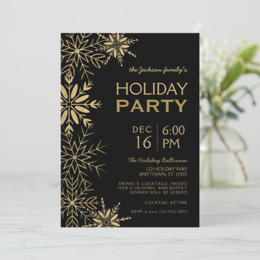 Gold Snowflakes Gold Plaid & Black Holiday Glam Einladung (Stehend Vorderseite)