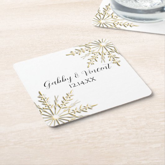 Gold Snowflakes on White Winter Wedding Rechteckiger Pappuntersetzer (angewinkelt)