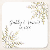 Gold Snowflakes on White Winter Wedding Rechteckiger Pappuntersetzer (Vorderseite)